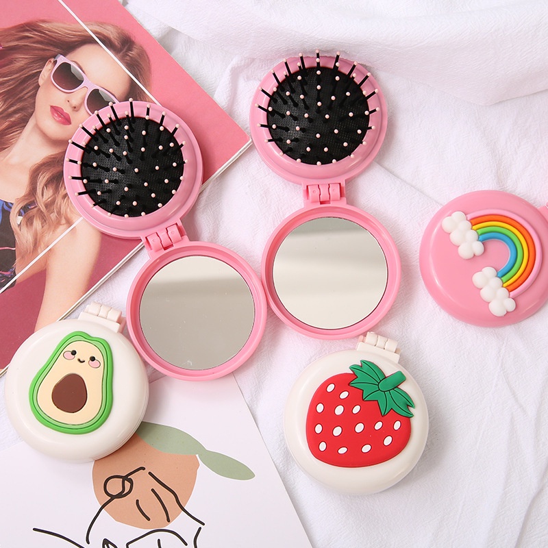 Colorful Fruit Food Animal Pattern Cute Fold Plastic Hair Care Massage Airbag Comb with Mirror Hair Styling Tool