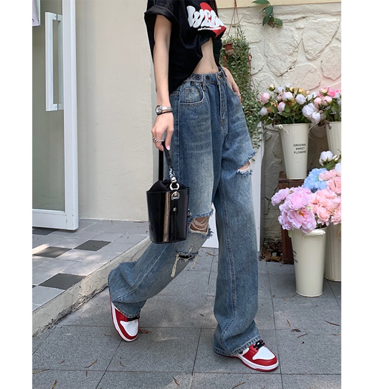 Celana Jeans Gaya Korea Robek Ayah Jeans Wanita Retro Pinggang Tinggi Lebar Kaki Celana Lurus Slim D