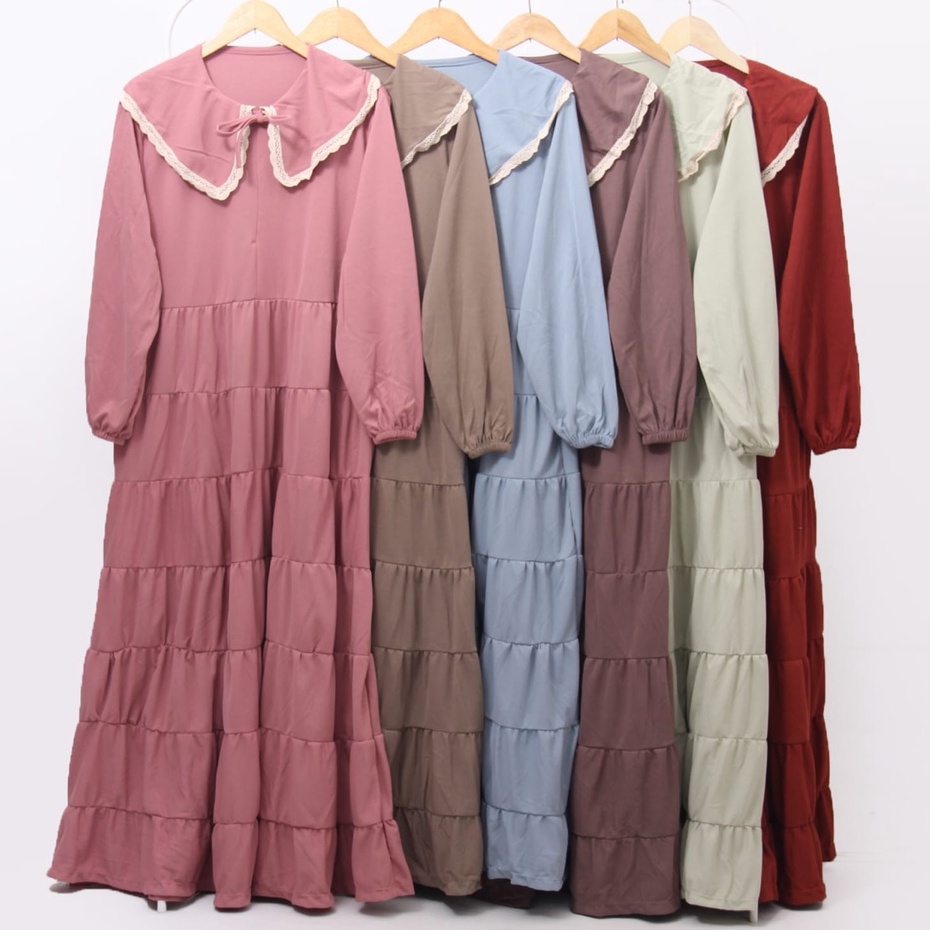Gamis jumbo busui kerah korea renda rempel 7 susun (PB 140) tali pinggang  bahan voxy premium merk h