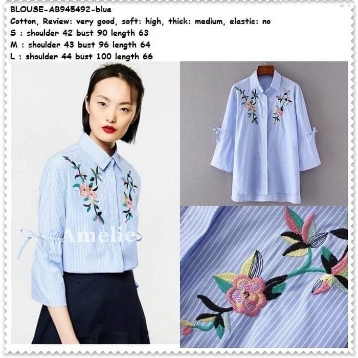 Baju Atasan Kerja Kemeja Biru Garis Blouse Wanita Korea Import Tunik BEST.