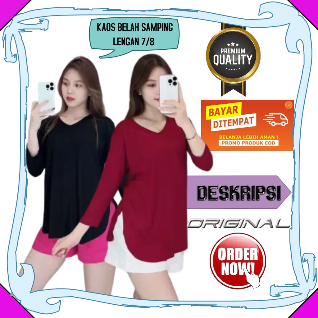 Atasan Wanita Kaos Lengan Panjang 7/8 Polos Belah Samping Pakaian Remaja Perempuan Dewasa Fashion Ko