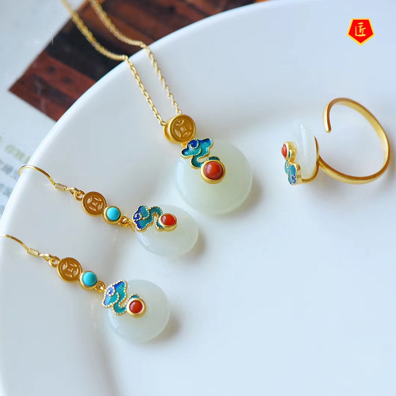 [Ready Stock]Vintage Inlaid Jade Safety Knot Earrings Pendant Ring Set