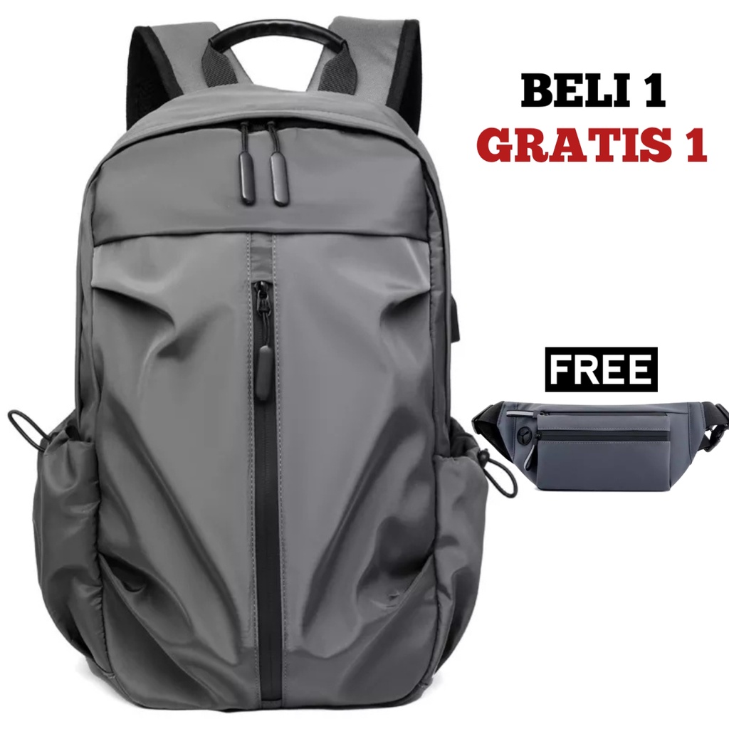 BUY 1 GET 1 - Tas Ransel Pria Beli Ransel Punggung Backpack Cowok Free Waistbag