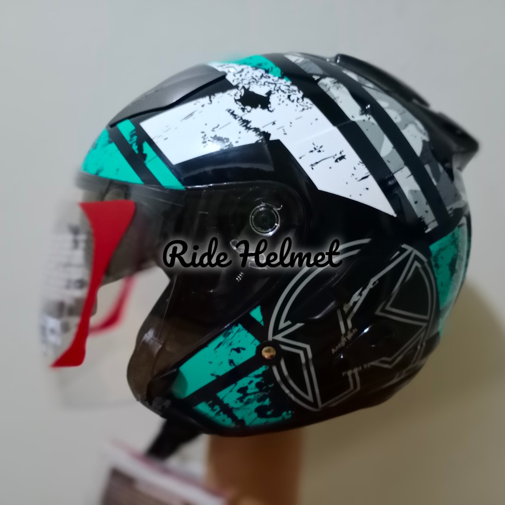 Helm Half Face KYT Galaxy Slide Motif Seri 5 Black Aqua Blue Biru Toska Double Visor Couple R10 New