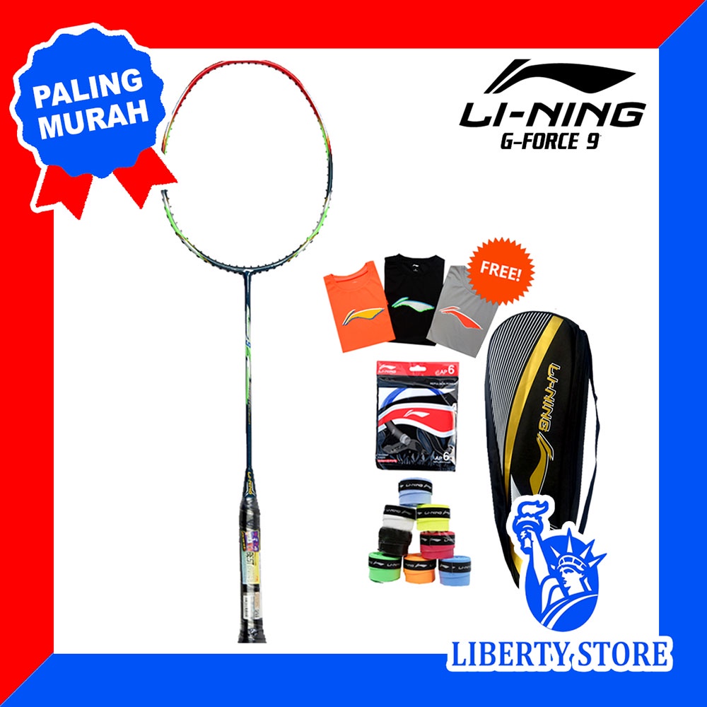 Raket Badminton ORIGINAL LINING G FORCE 9 + TAS + BAJU + SENAR + GRIP