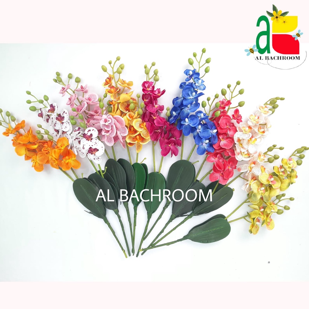 BUNGA ANGGREK ARTIFICIAL DAUN 2C K12 KAIN B8023 BUNGAPLASTIK  DEKORASI RUMAH WEDING TANAMAN PALSU