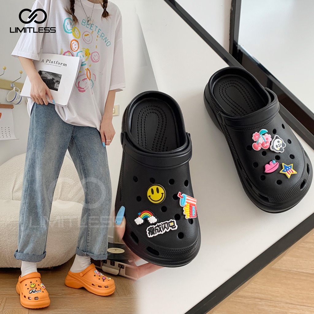 Sandal Wanita Jibbitz Wedges Platform Pin Sendal Fuji Karet Tinggi Korea Karakter Lucu Sepatu Sandal Bakpao Tebal