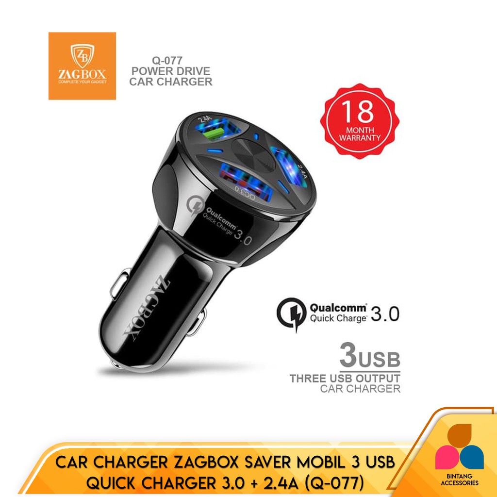 Charger Mobil Car Charger ZAGBOX Saver Mobil 3 Port USB Quick Charge Qualcomm 3.0 2.4A Q-077