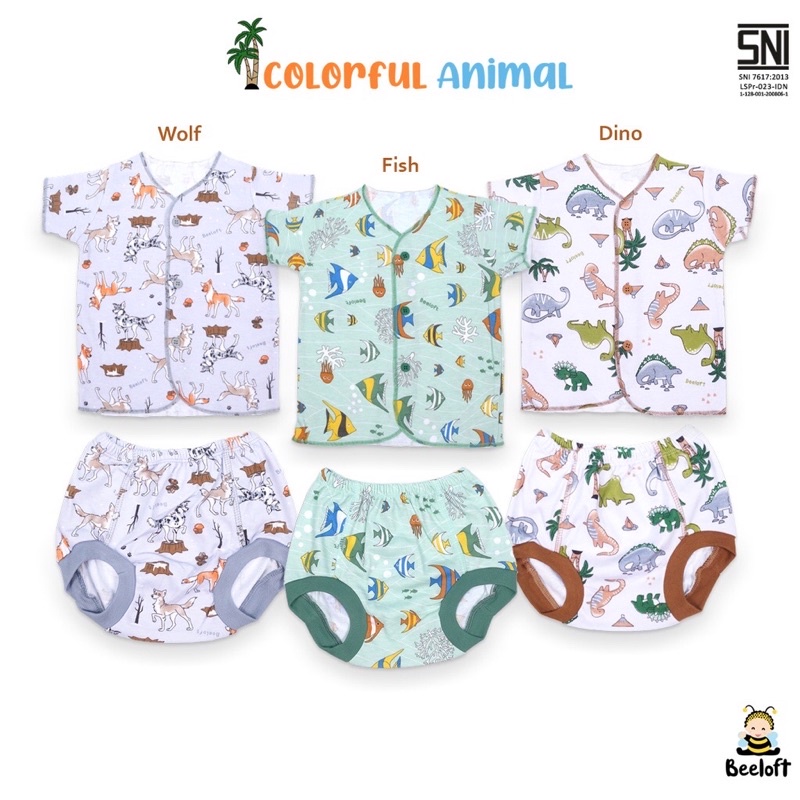 Beeloft Setelan Panjang &amp; Pendek Kancing Depan NewBorn 3pcs - Colorful Animal Series