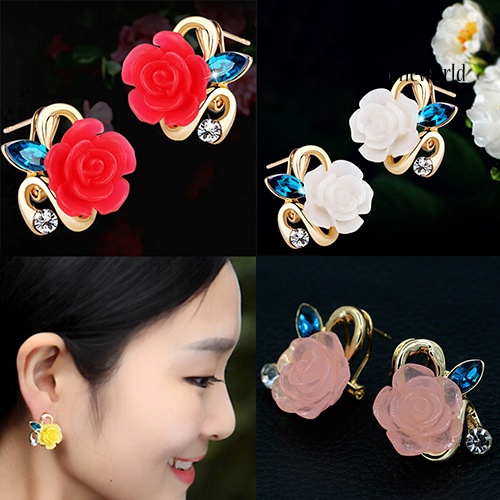 OW@ Women Cute Lady Rhinestone Resin Rose Flower Earrings Ear Studs Jewelry Gift