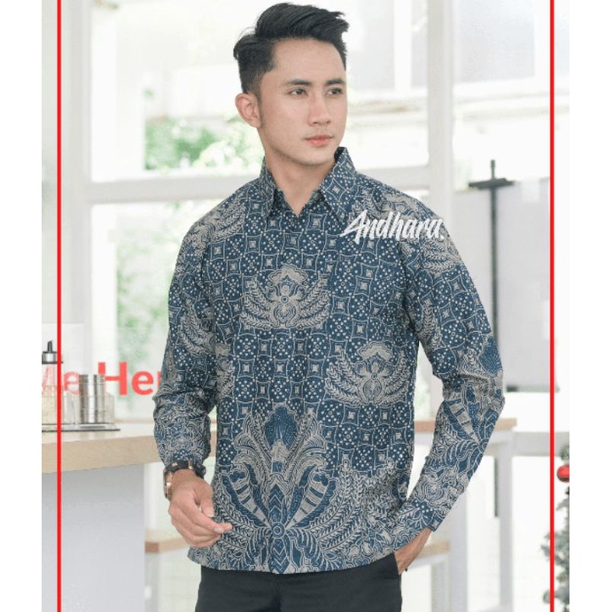 Kemeja Baju Batik Pria Lengan Panjang Slimfit Modern Kasual Premium KEPYARNAVY1