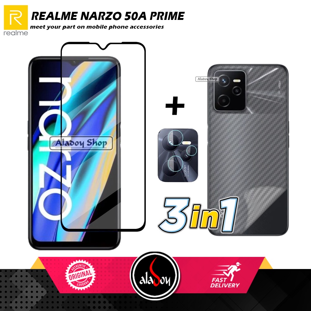 PROMO 3 IN 1 PAKET Tempered Glass Realme Narzo 50A Prime Free Tempered Glass Camera dan Skin Carbon