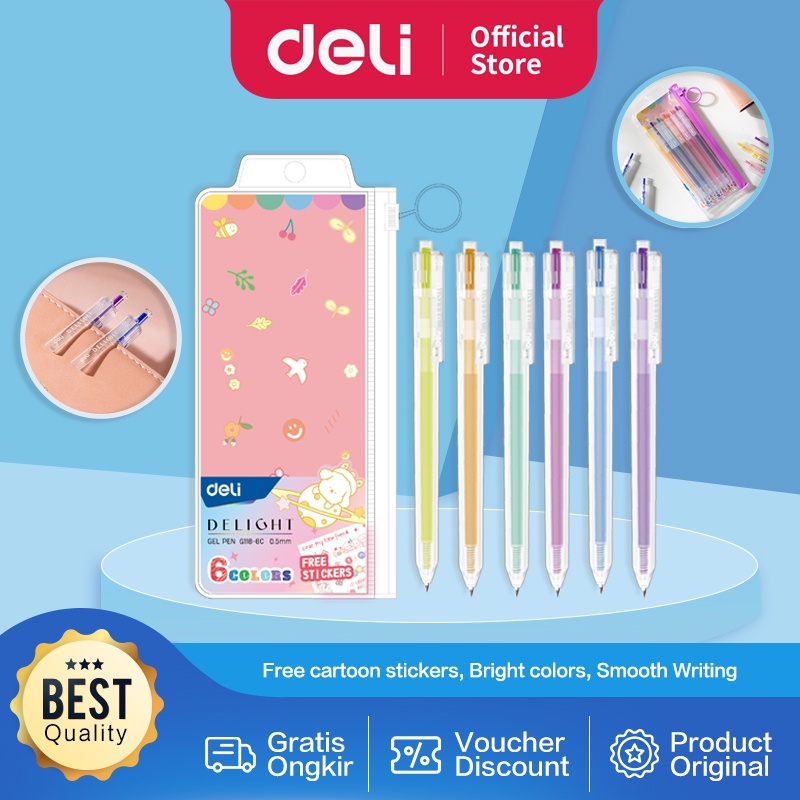 

Deli School Gel Pen / Pulpen Gel 0.5 mm 6 Warna Retracable Gratis Sticker Lucu EG118-6C