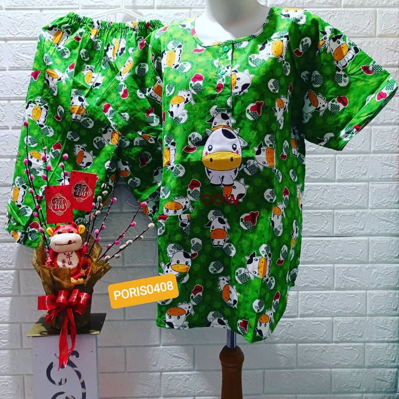 Baju Tidur Piyama &quot;HOKI&quot; katun wanita Celana 3/4 (happy cow)