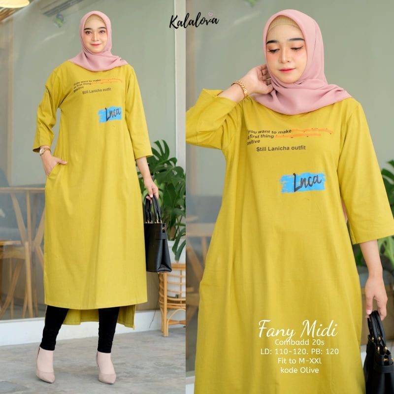 Fany Jumbo Midi Baju Kaos Wanita Midi Dress Matt Combed Aksen Sablon Casual Dress Fashion Wanita Korean Style