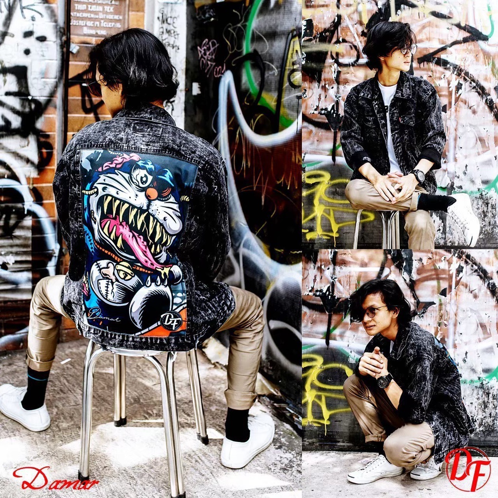 (COD) BAYAR DI TEMPAT-Jaket denim Sandwash Gambar Printing Anime One Piece & Doraemon-JAKET DENIM GA