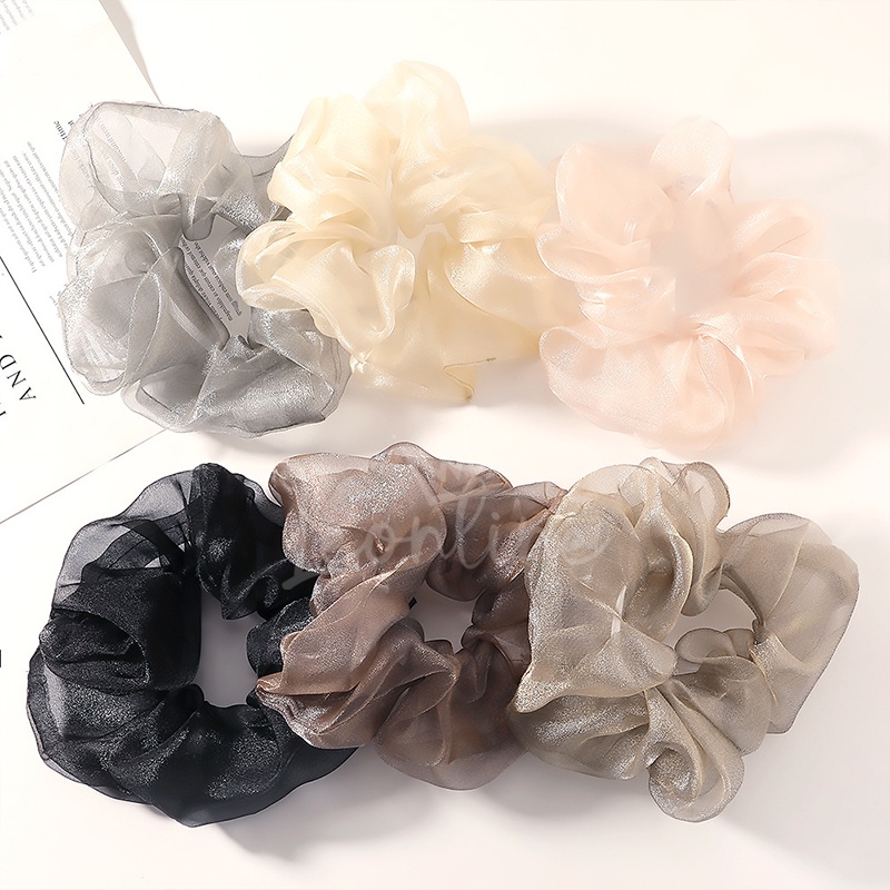 AC047 Ikat Rambut Scrunchies Cepol Satin Transparan Hologram Besar Gaya Korea