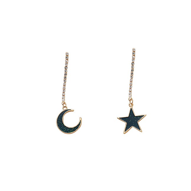 LRC Anting Tusuk Fashion Golden Star And Moon Long Asymmetric Earrings With Diamonds K00734