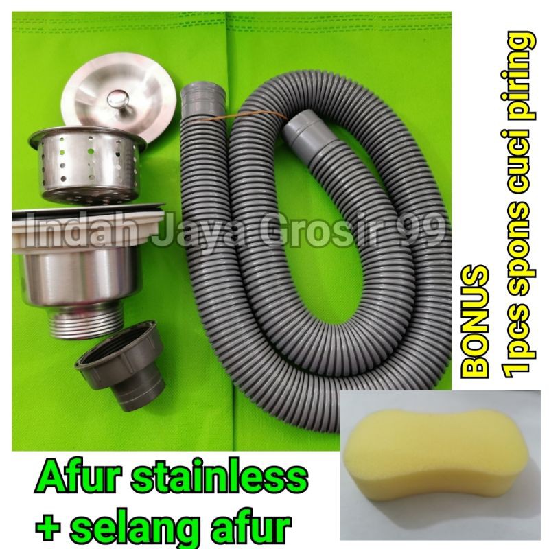 Afur stainless plus selang afur, selang pembuangan bak cucian piring, saringan bak cuci piring