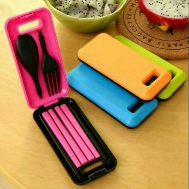 Sendok garpu sumpit box set ~ alat makan traveling outdoor portable