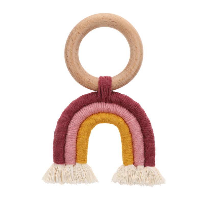 Mary Mainan Teether Ring Kayu Macrame Rumbai Warna Pelangi Untuk Dekorasi Stroller Bayi