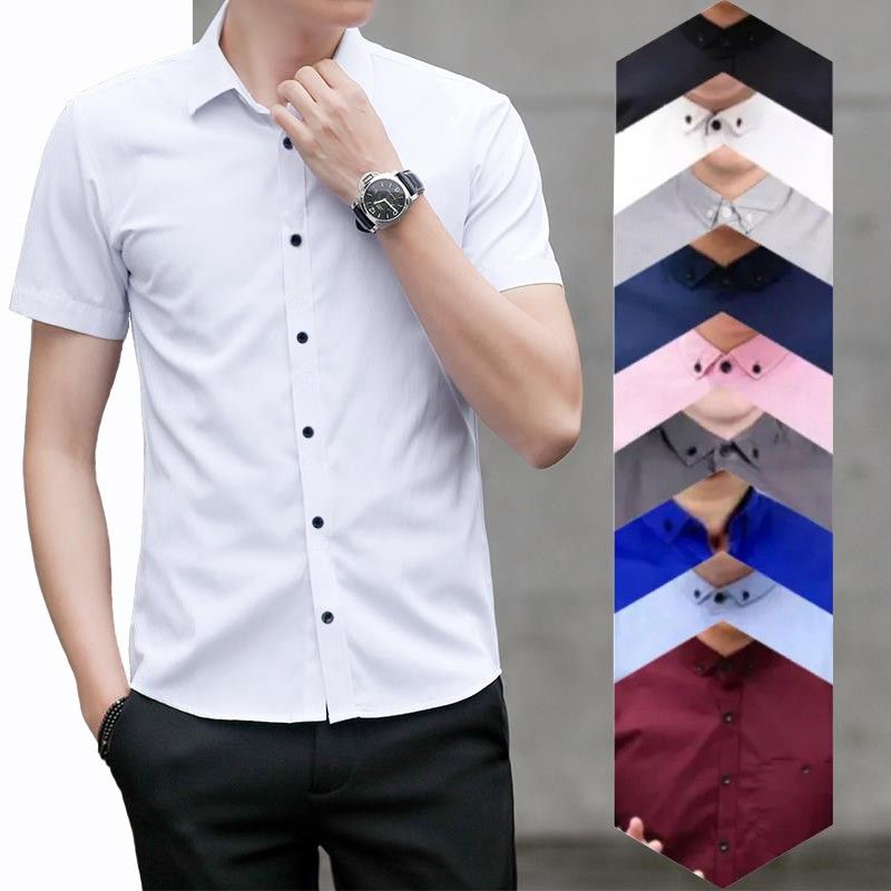 Kemeja Pria Cowok Lengan Pendek Cowo Premium Distro Hem Baju Pria Warna Polos Hitam Putih Abu |DF02
