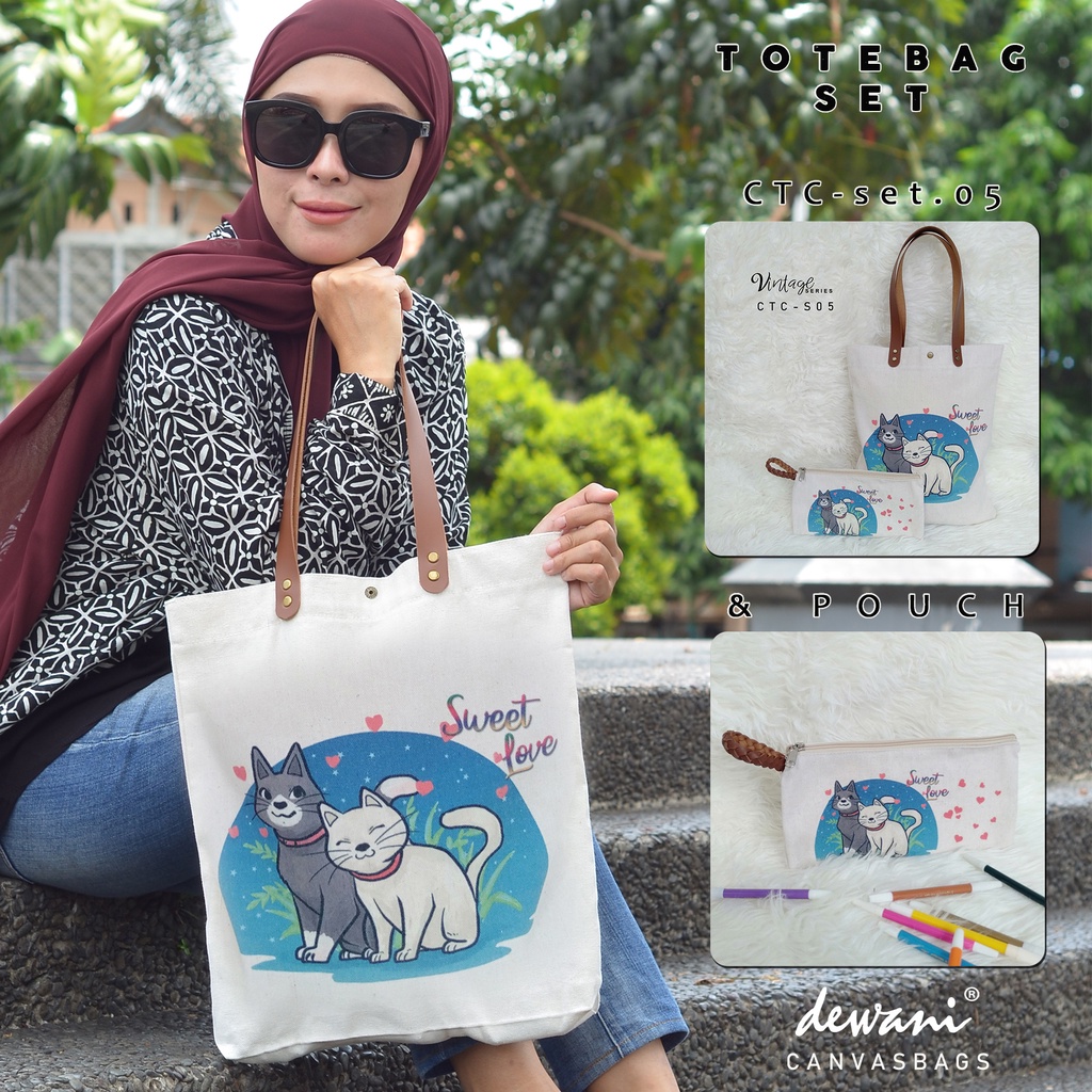 Dewani - Tote Bag Canvas SET Pouch CTC-S05 Tas Kanvas Vintage Kartun Cat