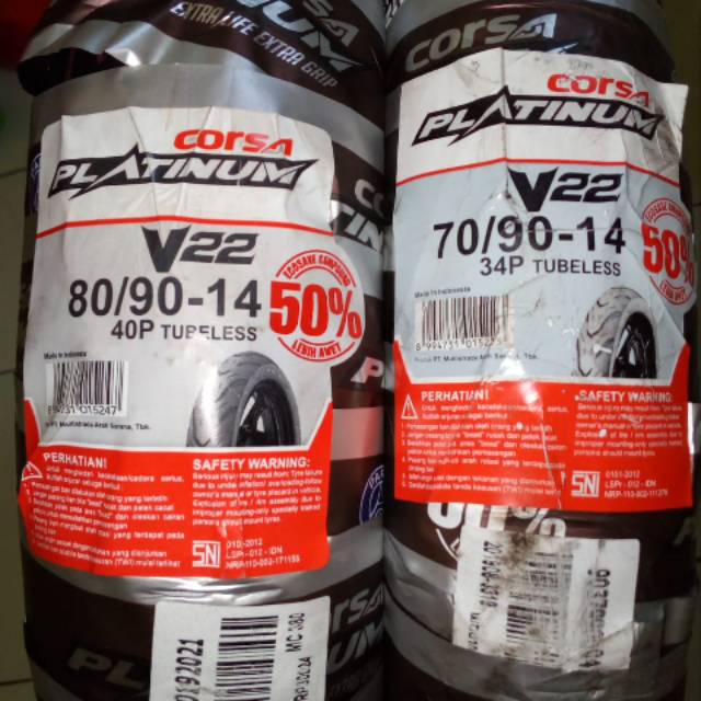 PAKET BAN TUBELESS CORSA V-22 UK depan 70/90-14- belakang 80/90-14 untuk motor Mio-Spin free pentil