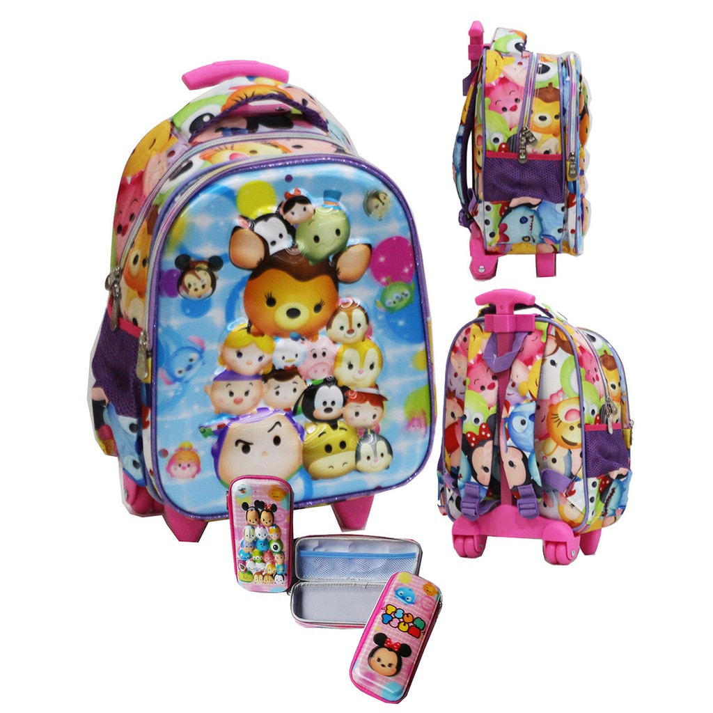 TAS anak sekolah Trolley TK Import - Tsum Tsum 5D Timbul Hologram + Kotak Pensil perempuan & laki