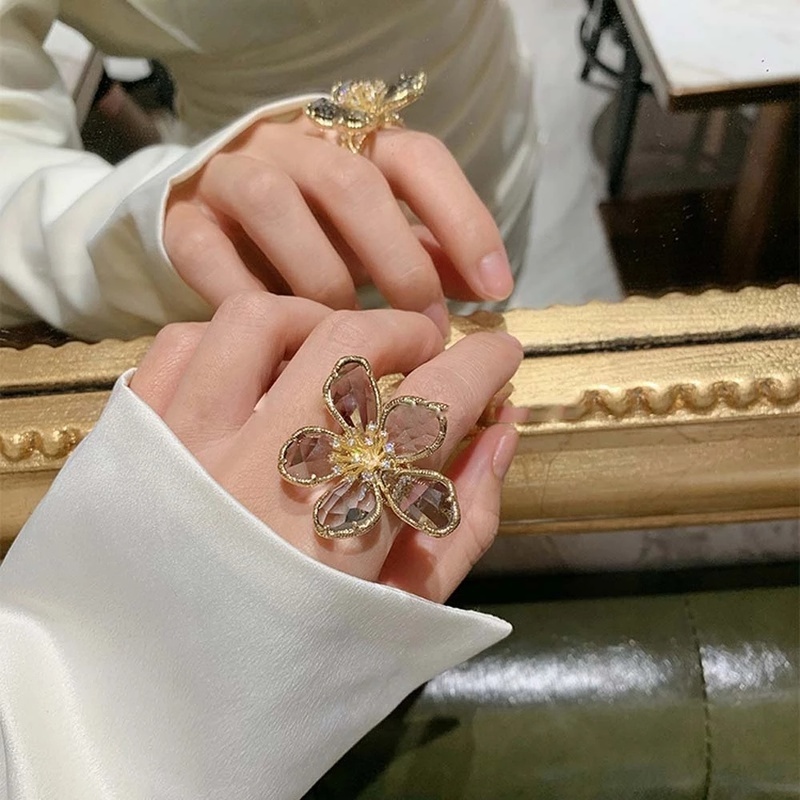 Cincin Jari Model Terbuka Dapat Disesuaikan Hias Bunga Kristal Kaca Gaya Vintage Korea Untuk Wanita