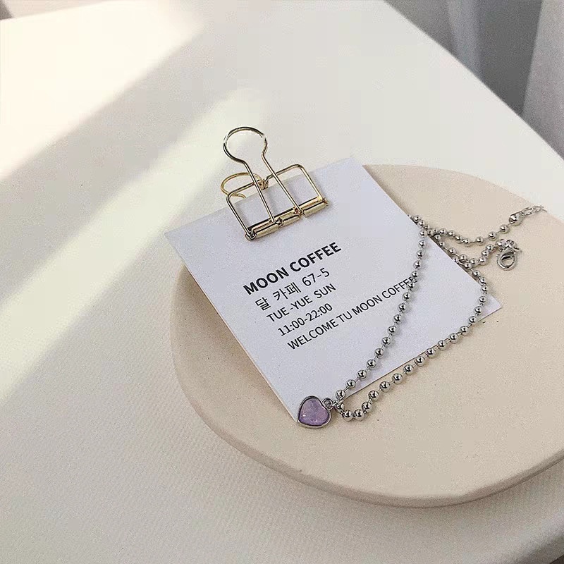 Kalung Rantai Choker Liontin Manik-Manik Hati Warna Silver Untuk Wanita