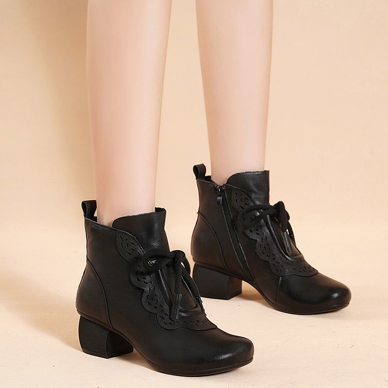 Nyaman Klasik Korea Kulit Asli Sepatu Boots Tali Wanita Tinggi Casual Import Formal Lembut Cewek Cantik Kekinian 176