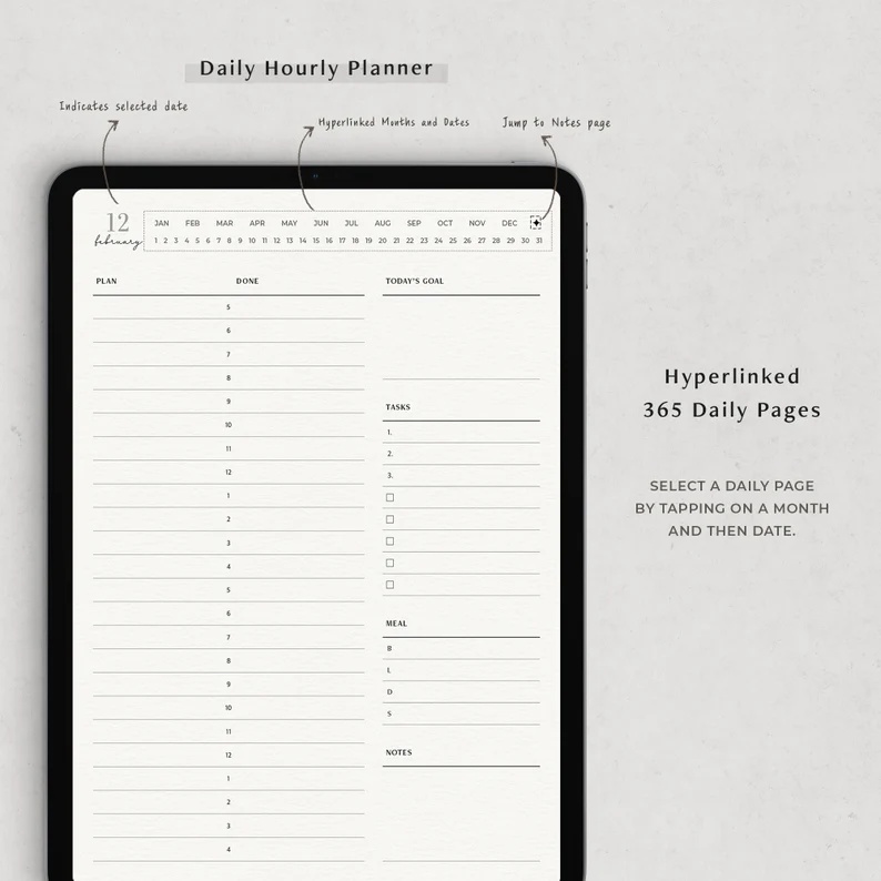 Digital Journal &amp; Planner - Time Blocking Daily Hourly To Do List &amp; Schedule for for Goodnotes, Notability, Xodo, (Full Page Hyperlinked)