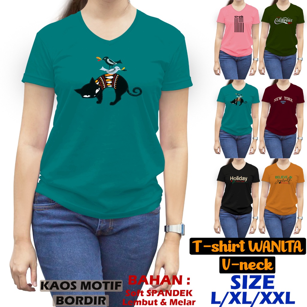 KAOS WANITA V NECK BORDIR KAOS WANITA MURAH ATASAN WANITA TSHIRT