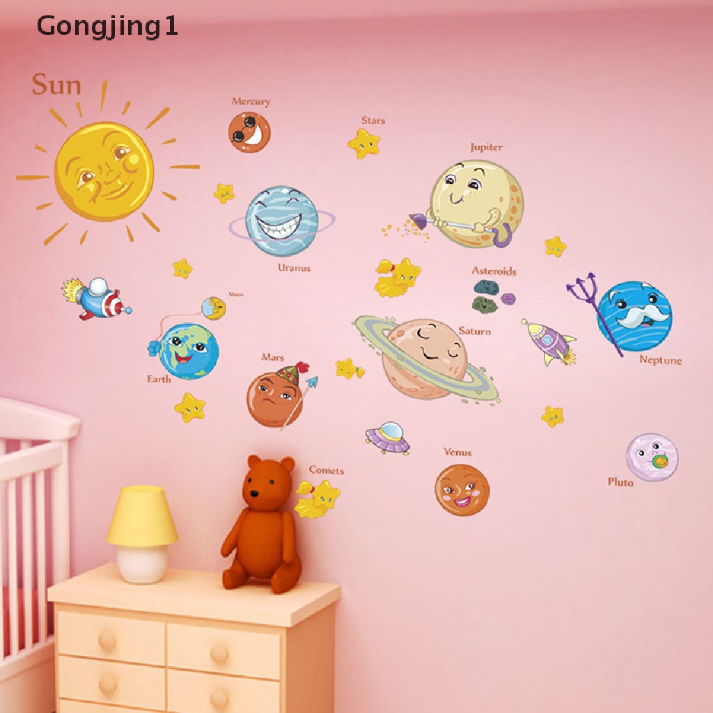 Gongjing1 Stiker Dinding Motif Planet Tata Surya Untuk Dekorasi Kamar Anak