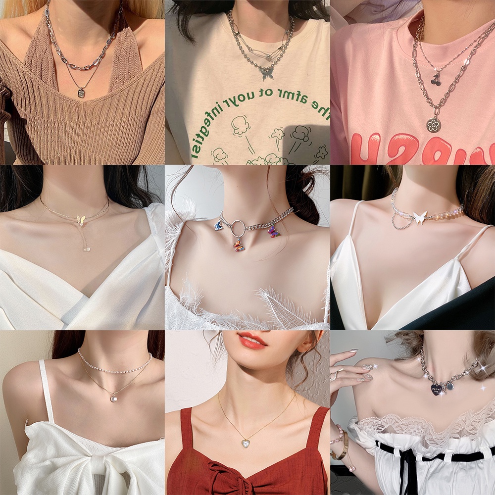 IFYOU 2021 New Fashion Butterfly Necklace Ladies Pearl Gold Silver Pendant Chain Choker Women Jewelry Accessories