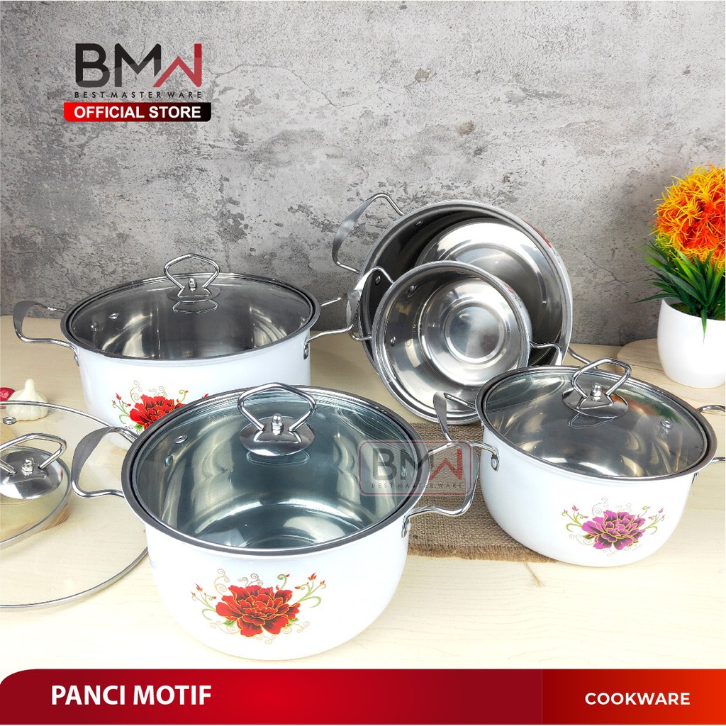 BMW Kitchen Ware - Panci Soup / sop  Pot Motif Bunga 1 Set 5 Pcs Stainless Steel tebal