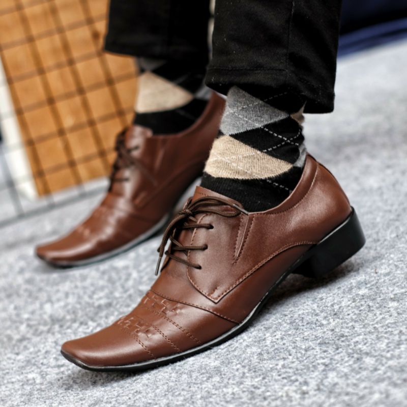 SHAMAK BROWN Sepatu Pria Pantofel Tali Kulit Asli Spatu Pentopel Formal Kerja Kantor Ujung Lancip Premium