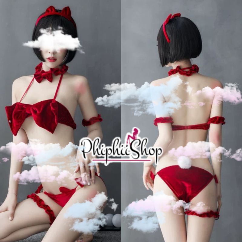 PREMIUM Bikini Set Bra Model Pita Sexy Bahan Beludru + Bando Kucing Cat Woman Aksesoris Kostum Lingerie