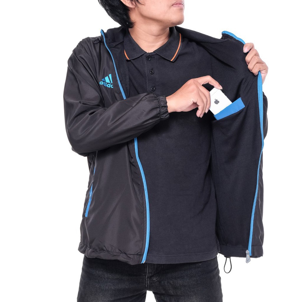 Jaket Parasut Adidas Windrunner Outdoor Tracker F50 Hitam Strip Turkis