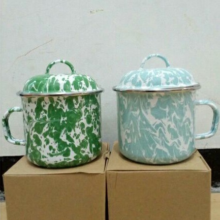 Mug Enamel 14cm jumbo tebal dengan tutup motif blurik blirik jadul