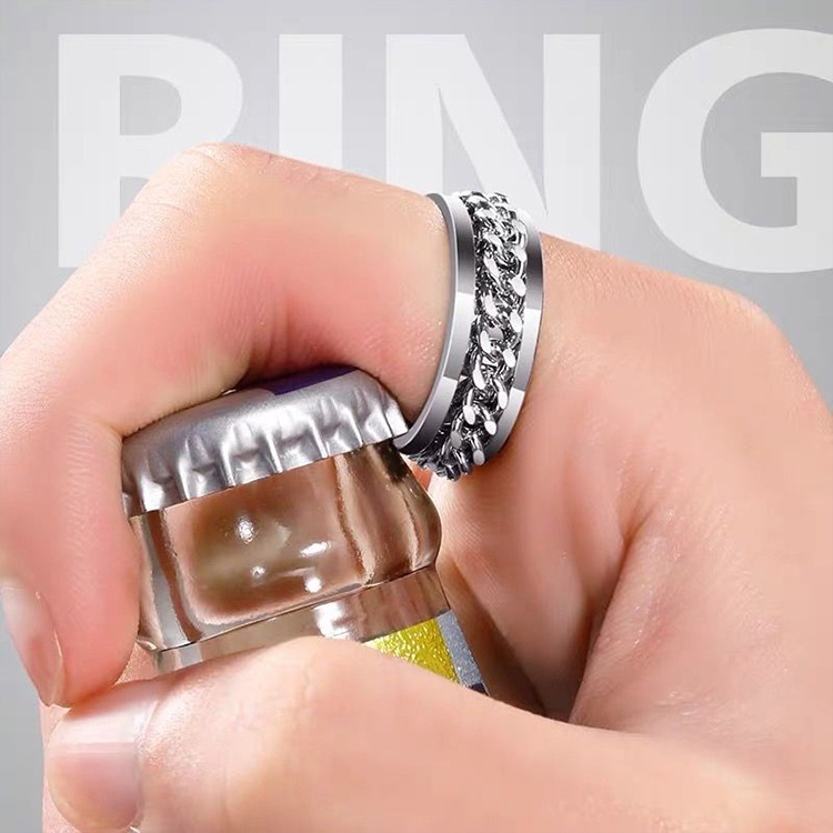 Cincin Pembuka Botol Model Rantai Spinner Bahan Stainless Steel Gaya Punk Untuk Pria Dan Wanita