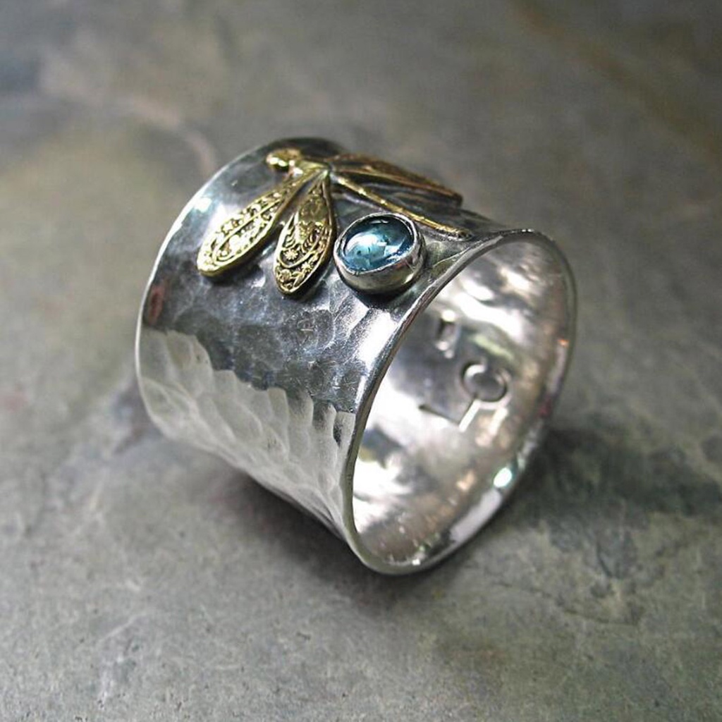 Hu Hu Hu Hu Hu Alat Bantu Pasang Kacamata♡ Cincin Wanita Desain Capung Hias Permata Biru Imitasi Gaya Vintage Electroplating Untuk Pernikahan