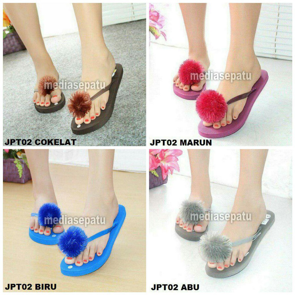  Sandal  Jepit  Bulu  Lembut Lembut Pom Pom  Size 36 40 