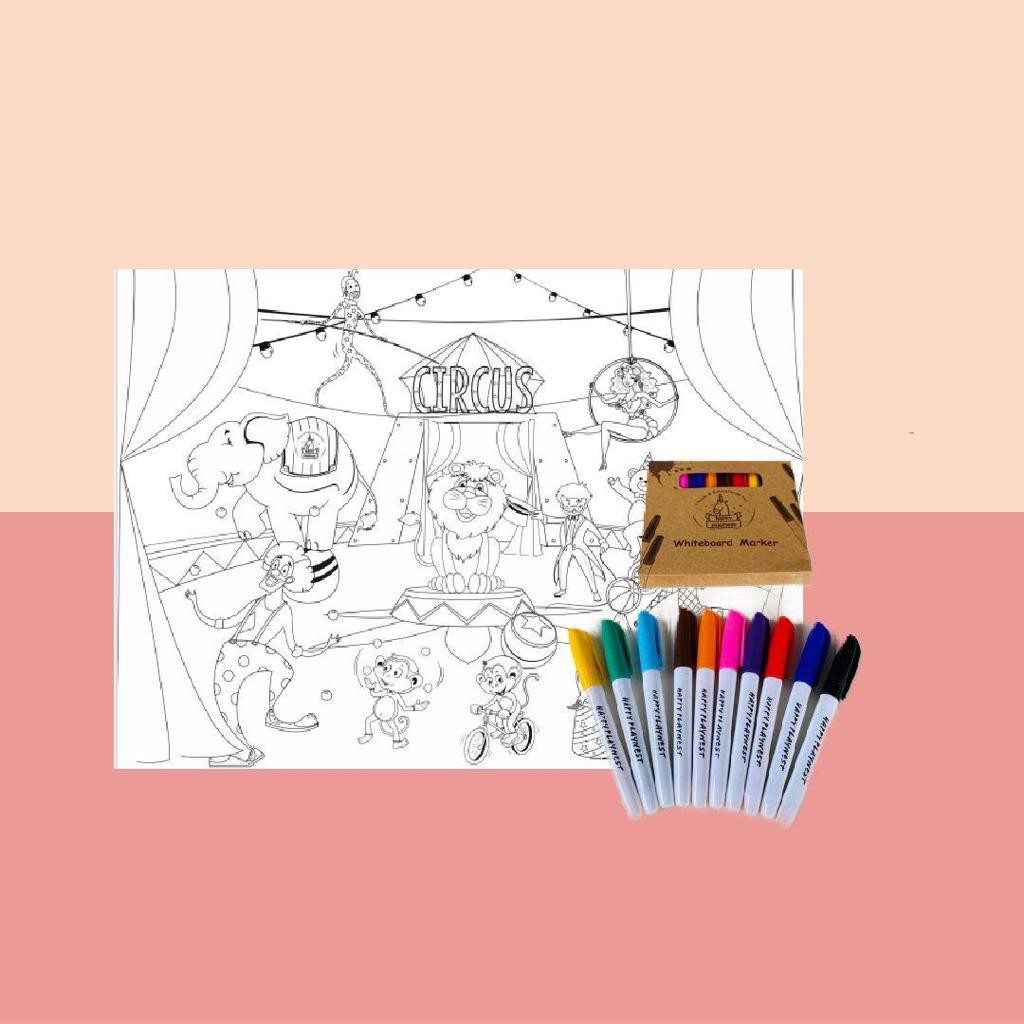 

1 SET MAT "MOTIF CIRCUS" & MARKER - WASHABLE SILICONE COLORING MAT ALAS MAKAN DAPAT DIWARNAI