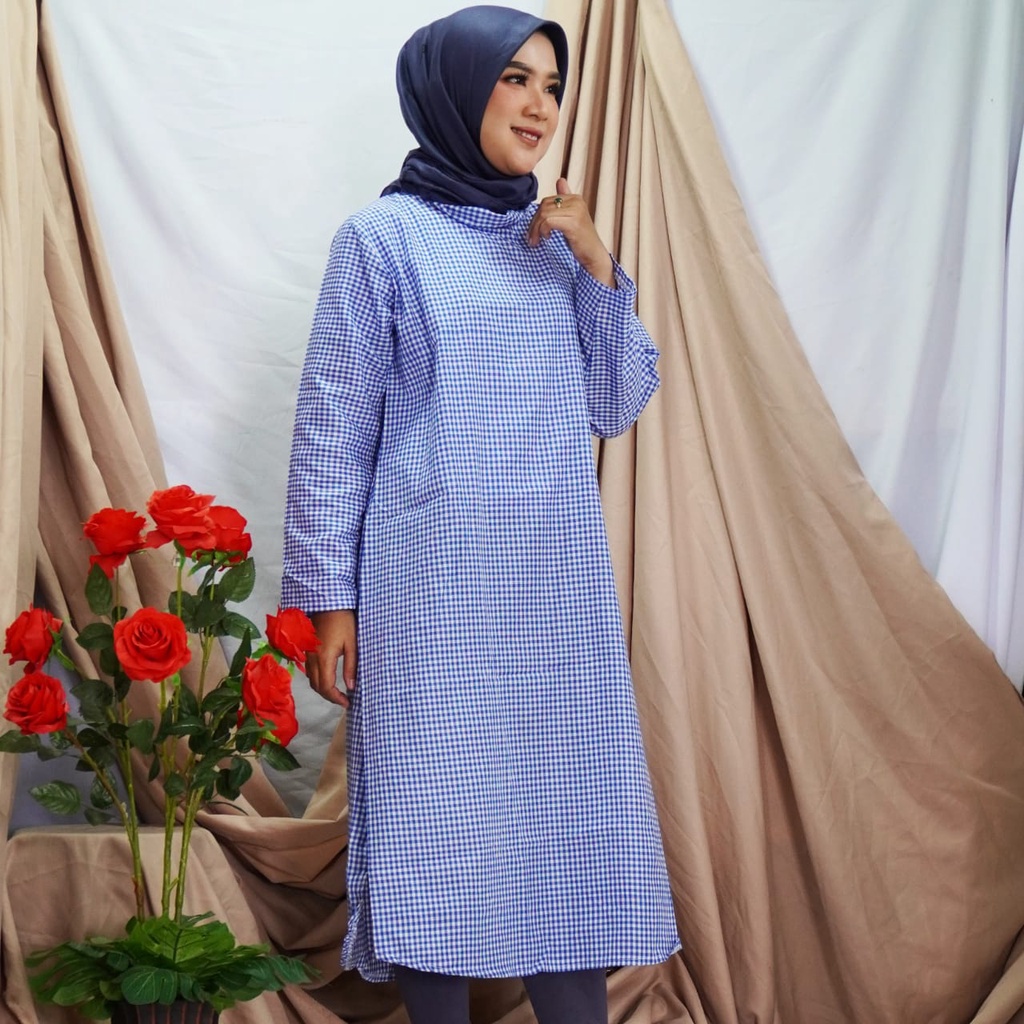 MRA - LONG TUNIK WANITA POLOSAN MOTIF KOTAK KOTAK