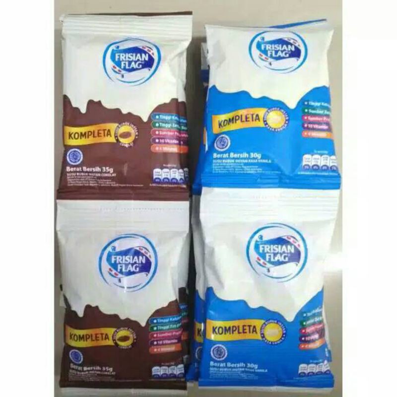 

SUSU BUBUK FRISIAN FLAG COMPLETA RENCENG ISI 10 SACHET X 30 GRAM RASA VANILLA 35 GRAM COKLAT