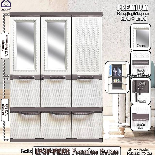 JUMBO LEMARI PLASTIK AKAKO FULL KUNCI ELEGANT 3 PINTU KACA LP3EP PREMIUM LEMARI GANTUNG KACA