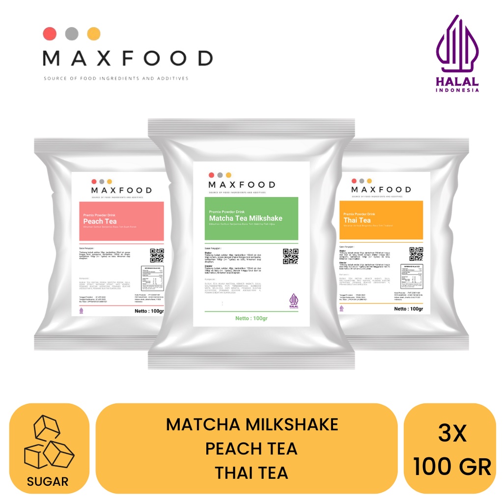 

MAXFOOD - Combo Bubuk Minuman 5 - Matcha Milkshake, Peach Tea, Thai Tea (100Gr X 3)