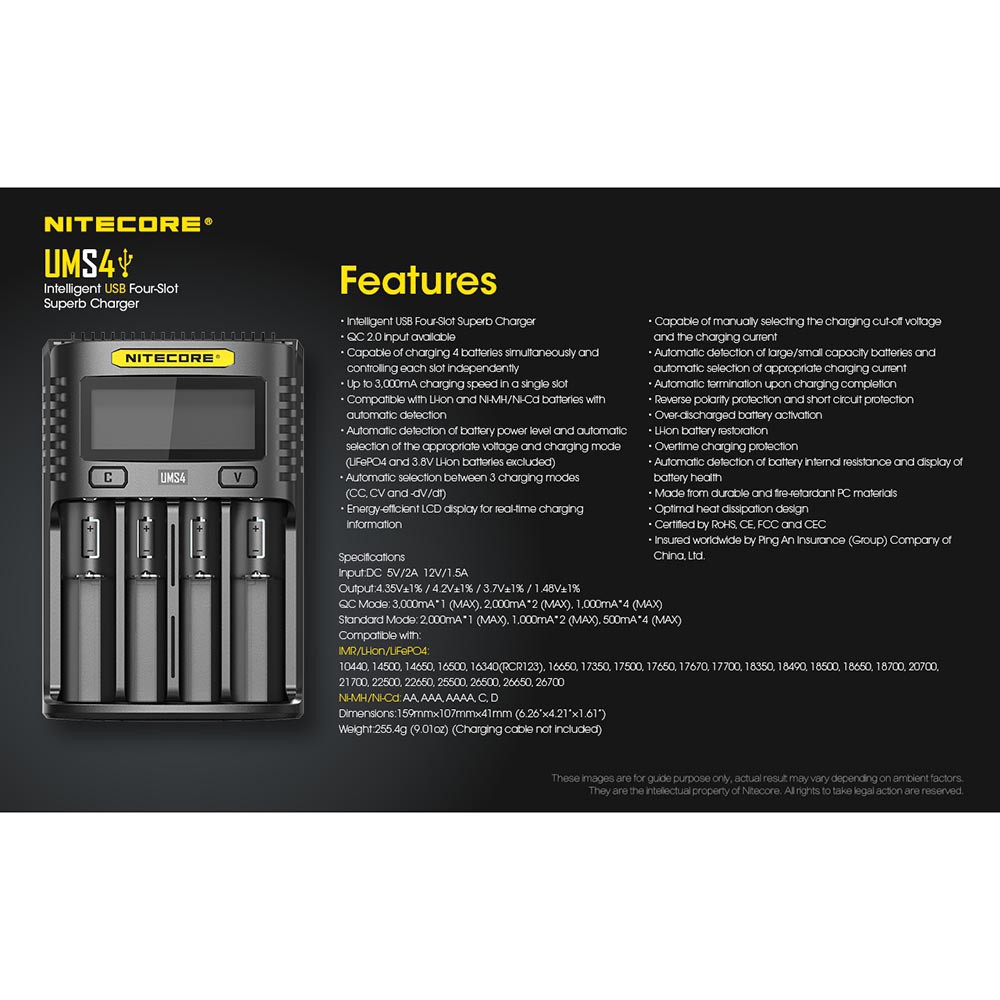 Nitecore Intelligent QC2 USB Charger Baterai 4 Slot 3A Li-ion NiMH - UMS4 - NRAD0UBK Black